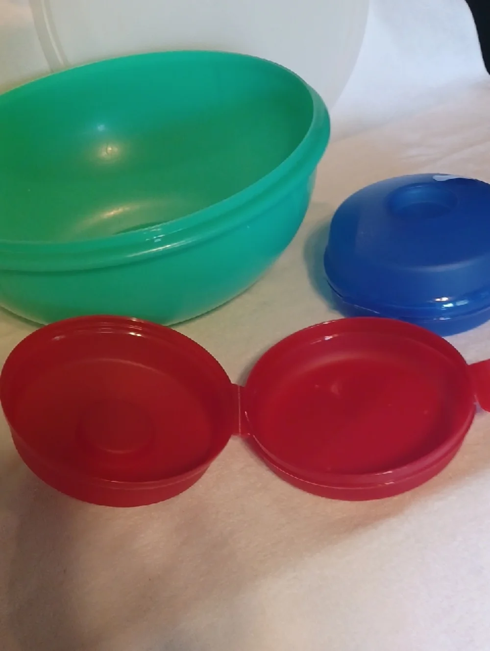 Tupperware Green Bowl with Red and Blue Snack Containers